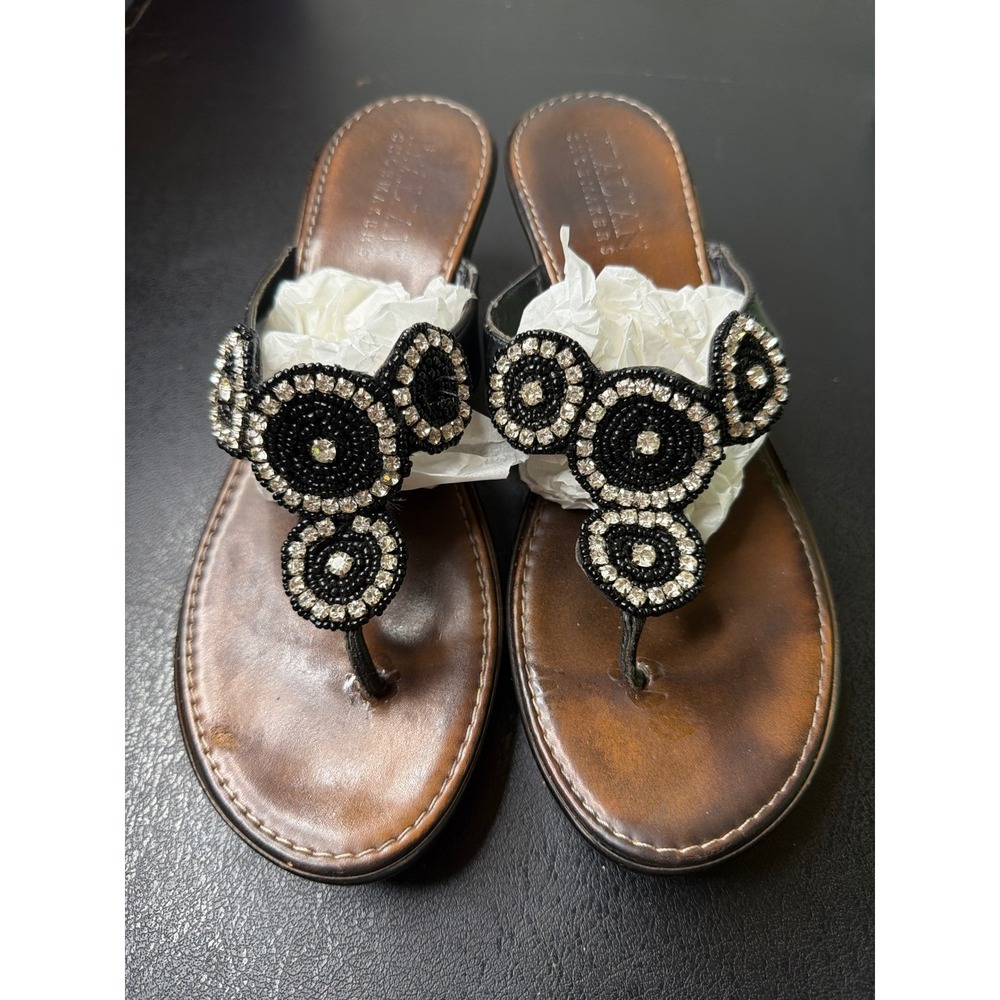 Italian Shoemakers Womens Black Brown Beaded Wedge Thong Sandals Size 10